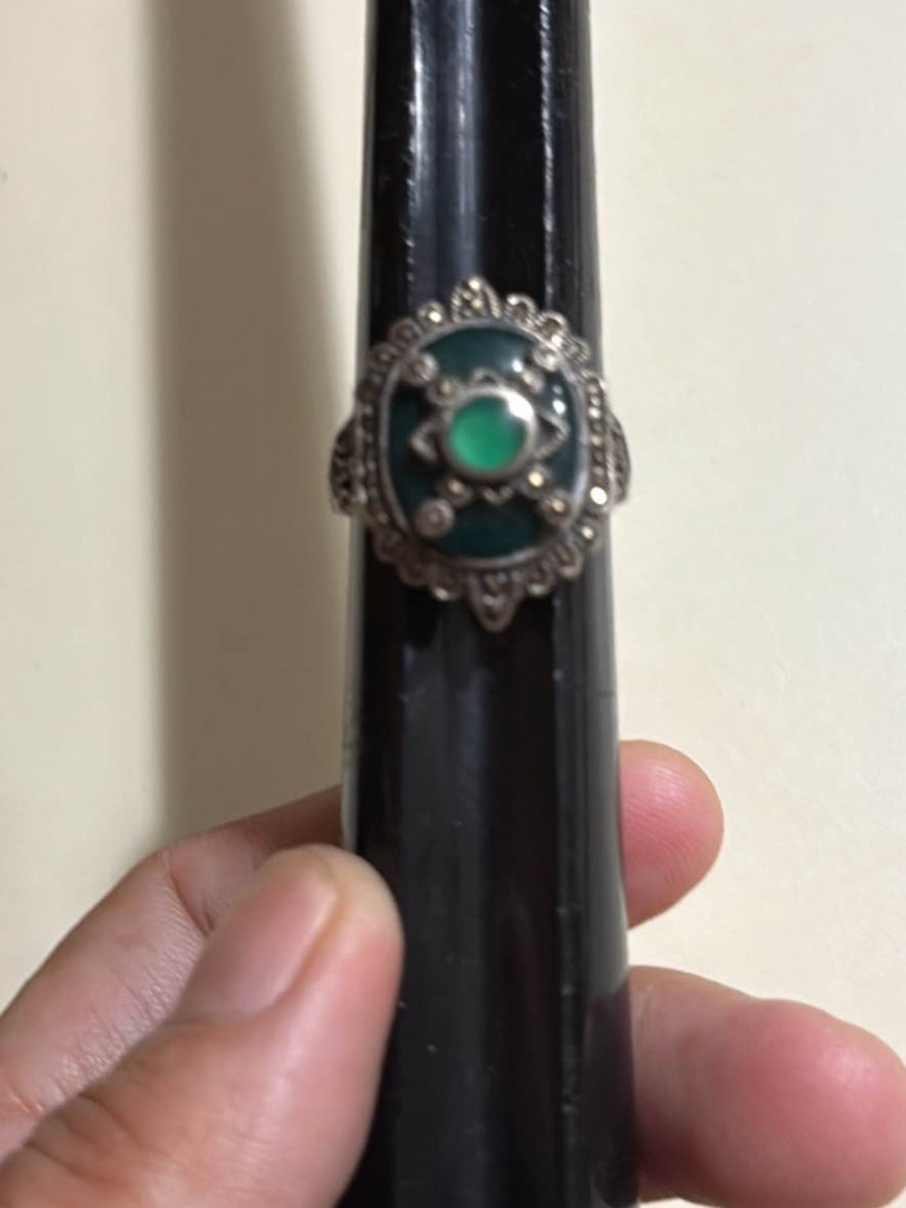 vintage  sterling silver ring featuring a green chrysoprase or  green onyx